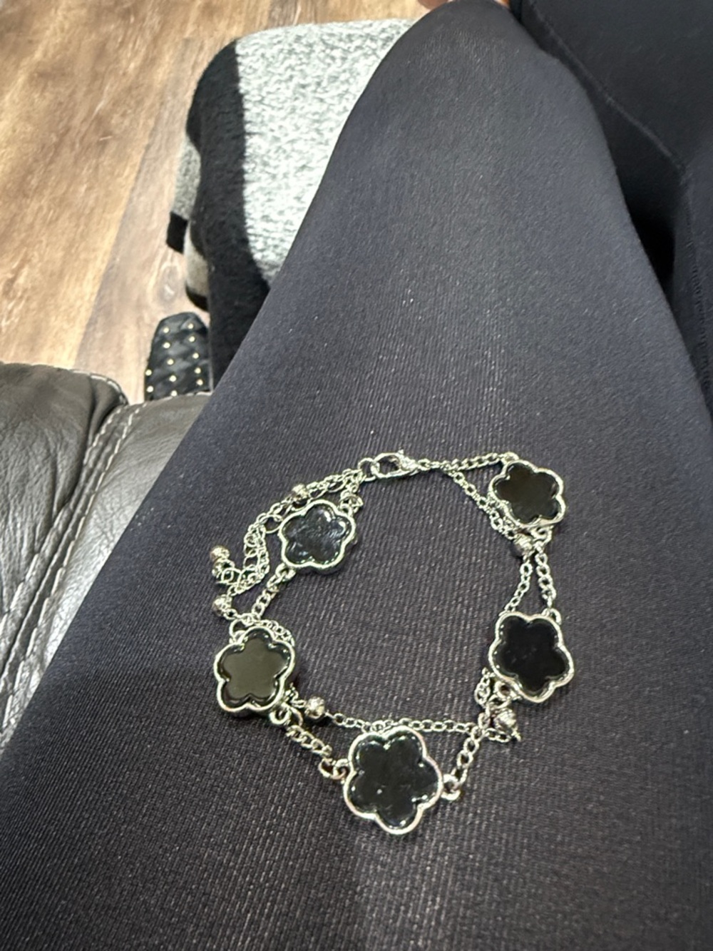 Silver-Tone Black Clover Link Bracelet - Women’s Fashion Jewelry